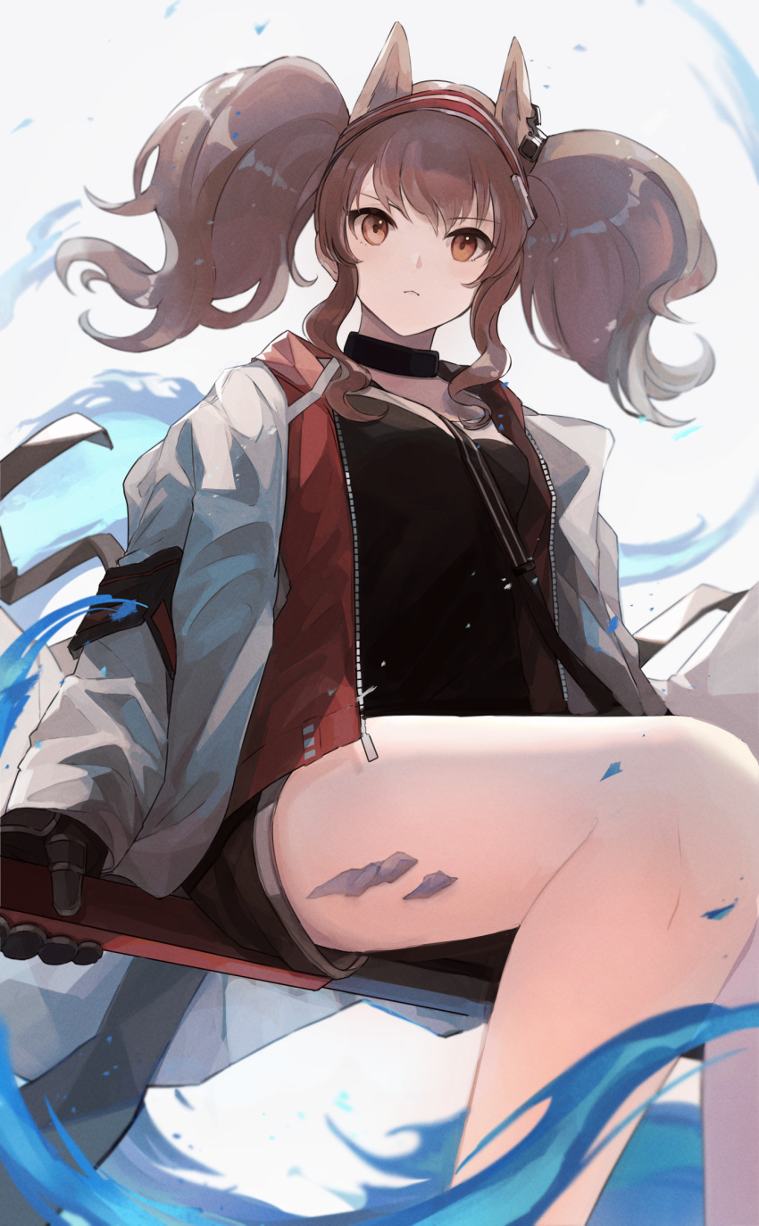 1girl angelina_(arknights) animal_ears arknights bangs black_gloves black_shirt brown_eyes brown_hair closed_mouth earpiece fox_ears fox_girl gloves hairband highres jacket long_hair long_sleeves open_clothes open_jacket oripathy_lesion_(arknights) red_hairband shimasato shirt solo staff striped striped_hairband twintails white_jacket