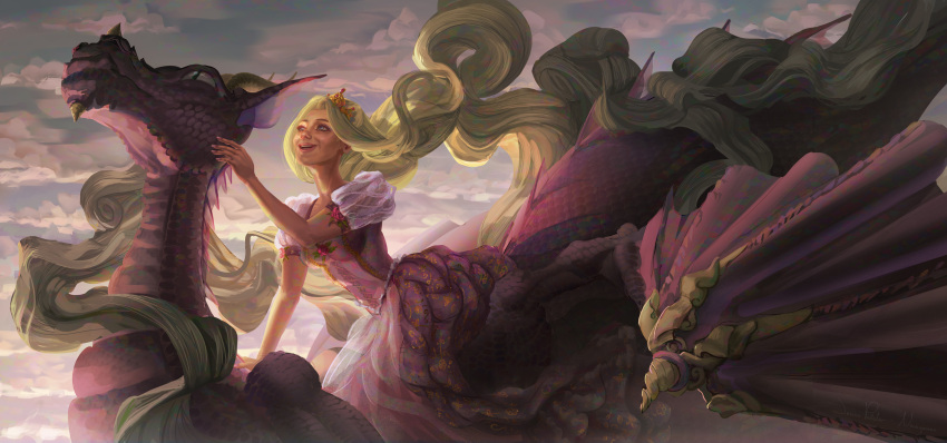1girl absurdly_long_hair absurdres barbie_(franchise) barbie_as_rapunzel barbie_movies blonde_hair blue_eyes breasts clouds corset cosplay crown daenerys_targaryen daenerys_targaryen_(cosplay) dark_sky dragon dragon_riding dragon_wings dress flower flower_ornament flying gown hair_blowing hand_on_animal hand_on_another's_face highres long_hair medieval nevagames older penelope_(barbie) petting petting_animal puffy_short_sleeves puffy_sleeves purple_dragon purple_dress rapunzel rapunzel_(barbie) riding rose short_sleeves smile tiara touching_animal very_long_hair wavy_hair wings