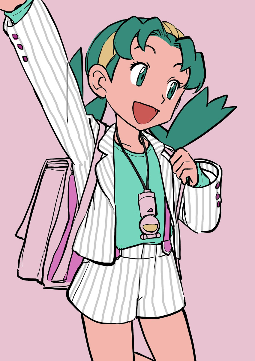 1girl alternate_costume arm_up backpack bag buttons elizabeth_(tomas21) green_eyes green_hair green_shirt happy highres kris_(pokemon) legs pink_background pokegear pokemon pokemon_(game) pokemon_gsc shirt shorts smile striped striped_shirt striped_shorts twintails white_shirt