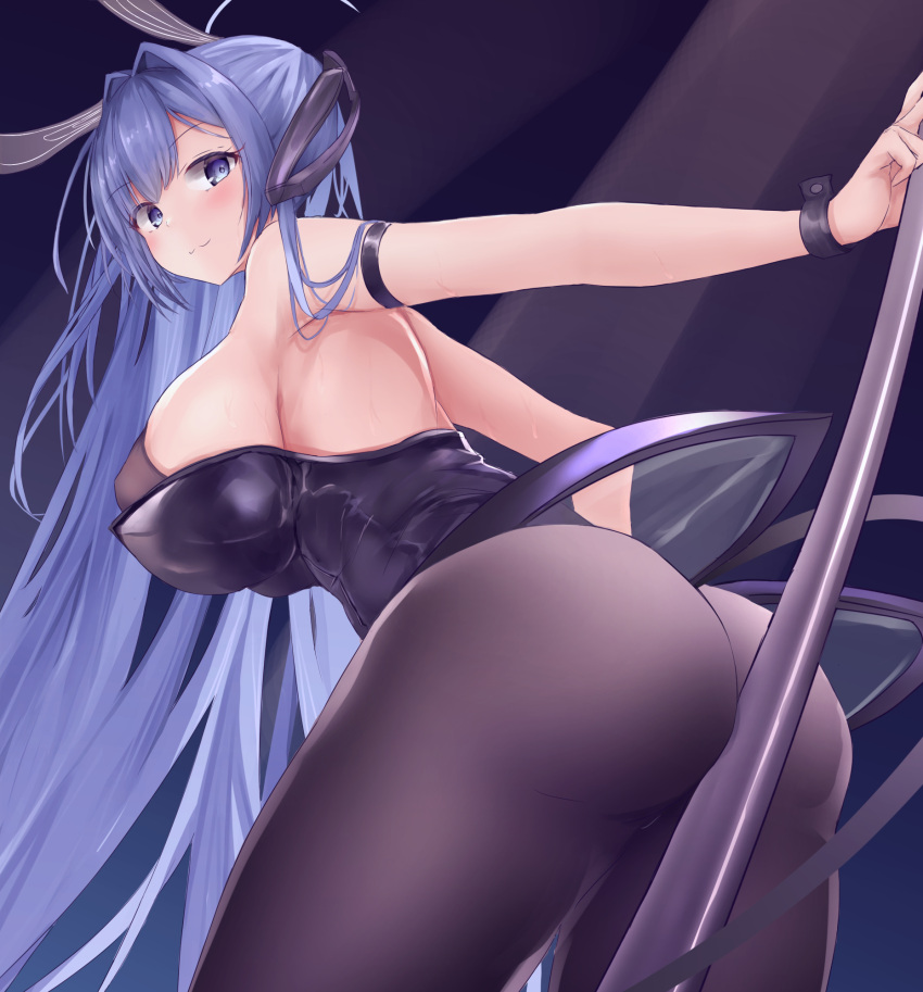 animal_ears armband arms_behind_back ass ass_focus ass_press azur_lane bangs bent_over between_buttocks blue_eyes blue_hair blush bodystocking breasts from_behind headgear highres large_breasts leaning_forward leotard looking_at_viewer looking_back naughty_face new_jersey_(azur_lane) new_jersey_(exhilarating_steps!)_(azur_lane) official_alternate_costume pantyhose playboy_bunny pole pole_dancing rabbit_ears sideboob skin_tight skindentation smile stripper stripper_pole wristband yuuki_shuri