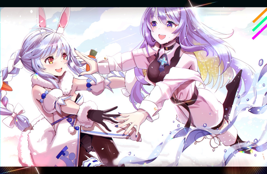 2girls animal_ear_fluff animal_ears black_gloves blonde_hair blue_hair blue_nails braid carrot_hair_ornament colored_inner_hair commentary don-chan_(usada_pekora) food-themed_hair_ornament fur-trimmed_gloves fur_trim gloves hair_ornament haruhina_purple highres hololive hololive_indonesia letterboxed mixed-language_commentary moona_hoshinova multicolored_hair multiple_girls off_shoulder open_mouth orange_eyes purple_hair rabbit_ears rabbit_girl smile sparkle twin_braids two-tone_hair usada_pekora violet_eyes virtual_youtuber white_hair