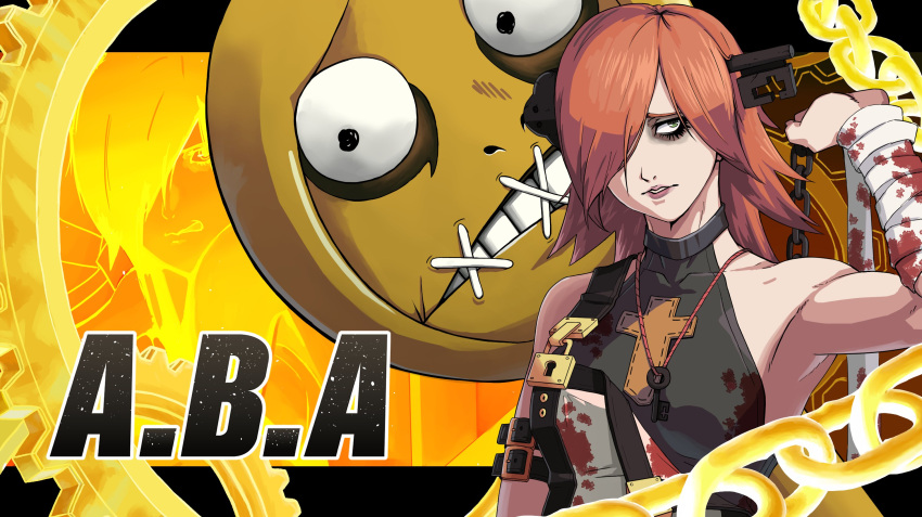a.b.a bags_under_eyes bandages blood bloody_bandages bloody_clothes chain cross eyelashes fake_screenshot green_eyes guilty_gear guilty_gear_strive highres key key_in_head pale_skin paracelsus redhead short_hair stitched_mouth stitches