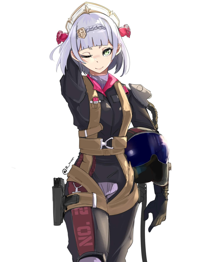 1girl bangs bodysuit braid eyebrows_visible_through_hair flower genshin_impact gloves green_eyes hair_flower hair_ornament harness helmet highres holster looking_at_viewer maid_headdress noelle_(genshin_impact) pilot pilot_helmet pilot_suit red_flower red_rose rose rr_roar short_hair silver_hair smile solo turtleneck