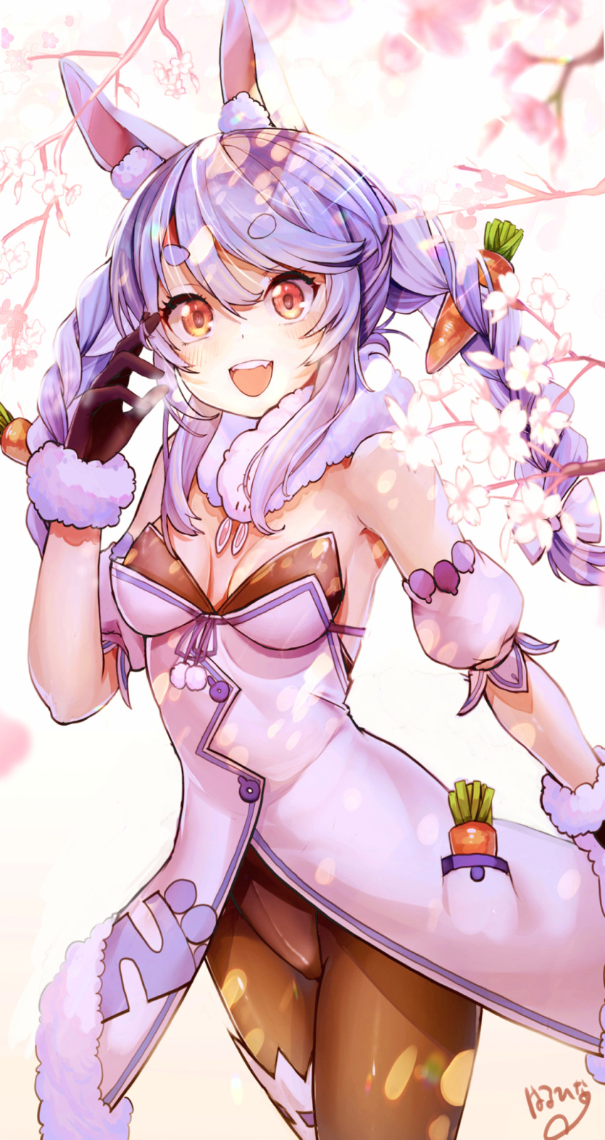 1girl animal_ears backlighting black_gloves blue_hair bow braid branch breasts carrot_hair_ornament detached_sleeves don-chan_(usada_pekora) eyebrows_visible_through_hair fangs food-themed_hair_ornament fur-trimmed_gloves fur_trim gloves hair_bow hair_ornament haruhina_purple highres hololive medium_breasts open_mouth orange_eyes rabbit_ears rabbit_girl smile solo thick_eyebrows twin_braids usada_pekora virtual_youtuber