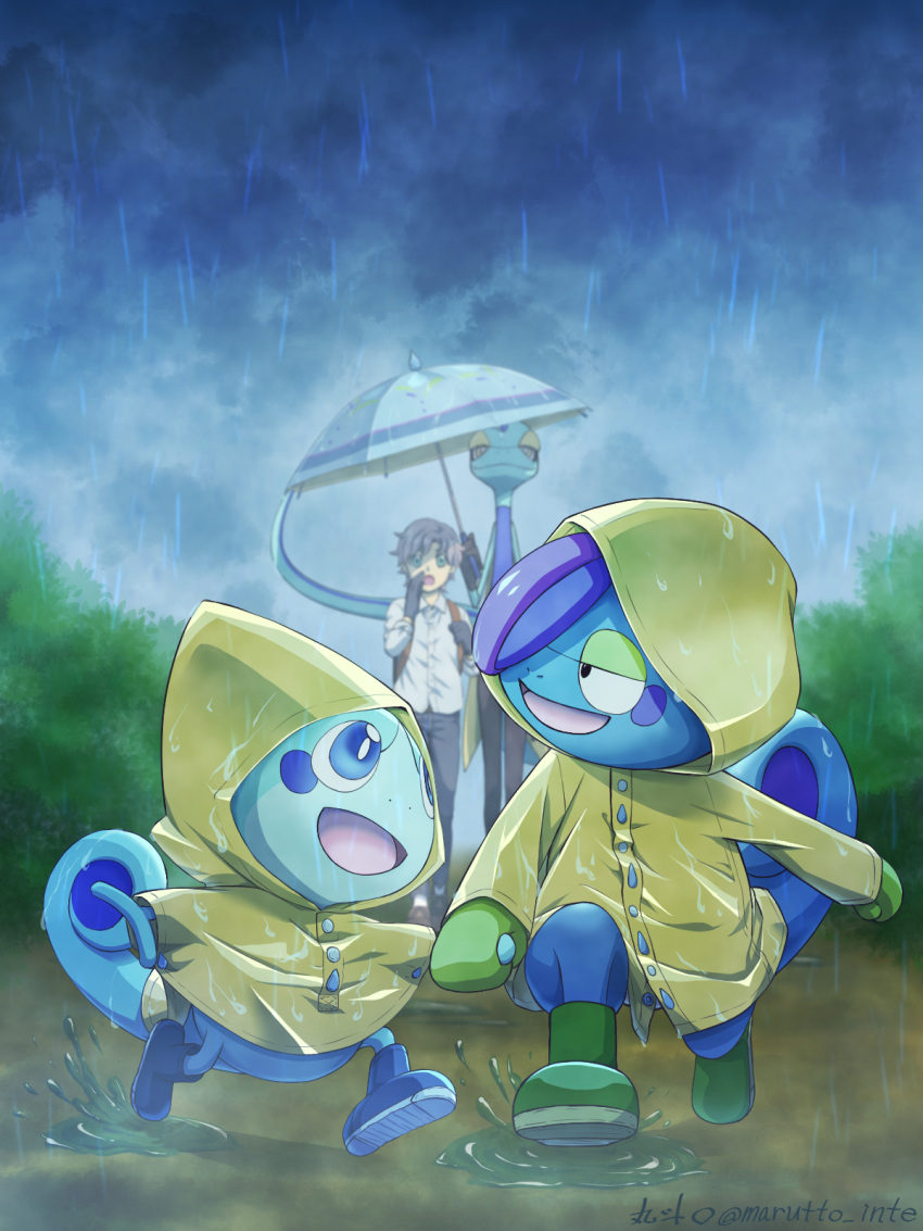 1boy :d black_gloves black_pants blue_eyes buttons clothed_pokemon clouds cloudy_sky commentary_request drizzile evolutionary_line gen_8_pokemon gloves highres holding holding_hand holding_strap holding_umbrella inteleon male_focus marutto_inte open_mouth outdoors pants pokemon pokemon_(creature) puddle rain raincoat shirt sky smile sobble splashing standing tongue umbrella yellow_raincoat