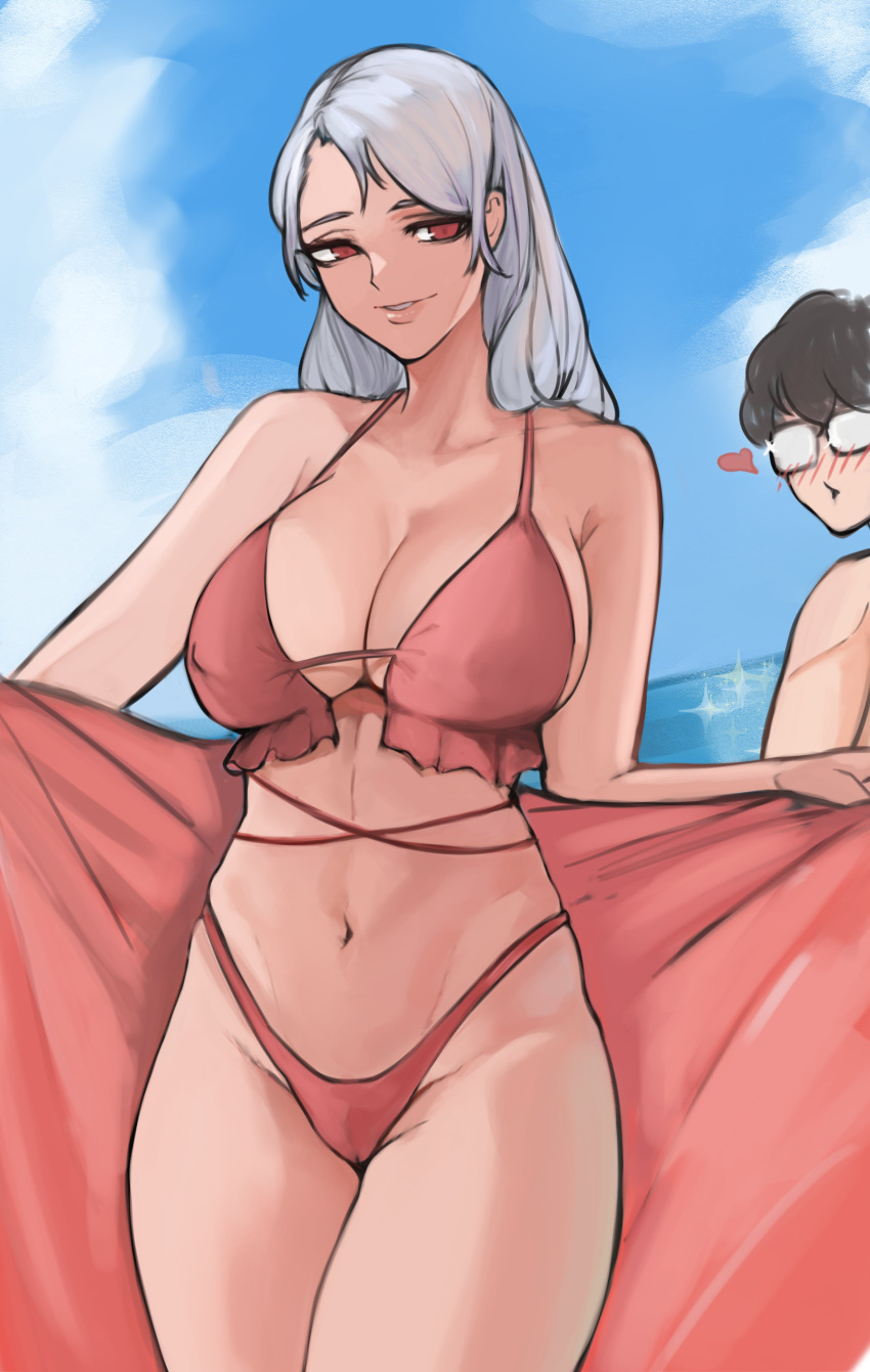 1boy 1girl absurdres amamiya_ren bare_shoulders bikini blush breasts clenched_hand glasses hair_behind_ear highres large_breasts long_hair looking_at_another navel nero_watch niijima_sae outdoors persona persona_5 persona_5_the_royal red_bikini silver_hair swimsuit thighs