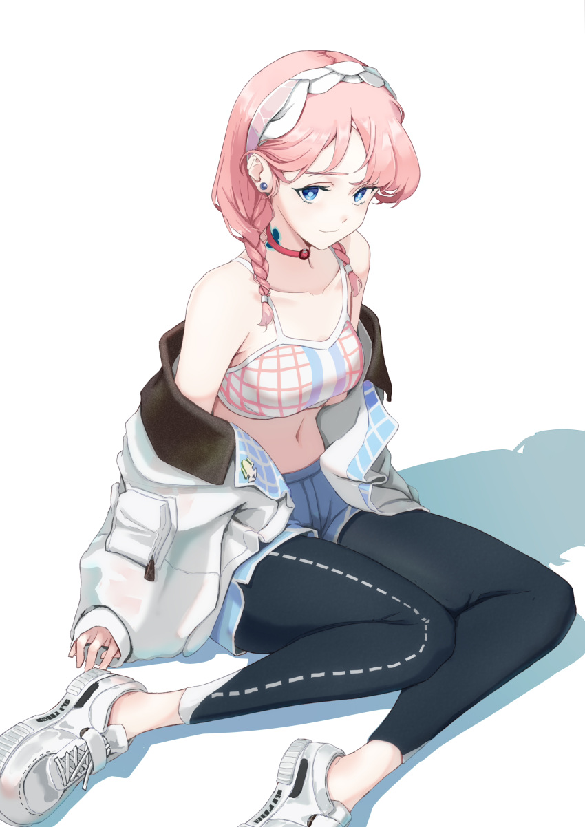 1girl absurdres arknights backingbutterfly black_pants blue_eyes blue_poison_(arknights) blue_shorts braid chinese_commentary choker collarbone commentary ear_piercing hairband highres jacket legwear_under_shorts looking_at_viewer medium_hair midriff navel o-ring o-ring_choker off_shoulder pants piercing pink_choker pink_hair scales shadow shoes shorts simple_background sitting solo sports_bra white_background white_footwear white_hairband white_jacket white_sports_bra yokozuwari