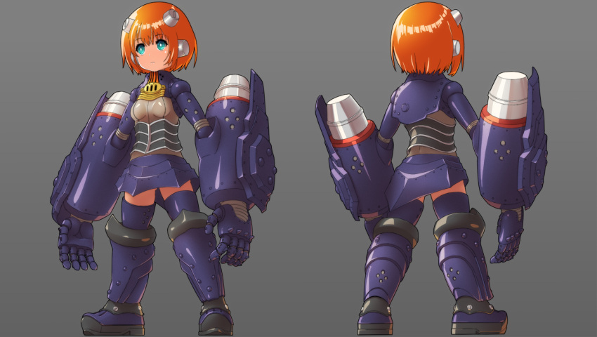 1girl android bangs big_o_(mecha) blue_eyes boots breasts bright_pupils eyebrows_visible_through_hair looking_up mecha_musume mechanical_skirt metal_boots multiple_views open_hands orange_hair personification rabo robot_ears short_hair small_breasts the_big_o thigh-highs thigh_boots white_pupils