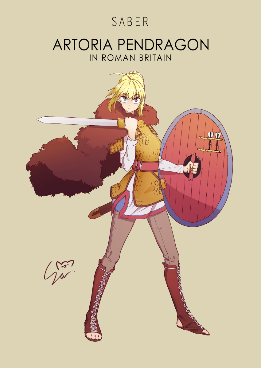 1girl absurdres ahoge alternate_costume armor artoria_pendragon_(all) blonde_hair boots braid capelet character_name cloak clothing_request cross-laced_footwear english_commentary english_text fate/grand_order fate_(series) french_braid fur-trimmed_capelet fur_trim gladius hair_between_eyes highres korean_commentary lace-up_boots looking_at_viewer mixed-language_commentary ryu_seok saber solo sword tan_background toeless_footwear weapon wooden_shield