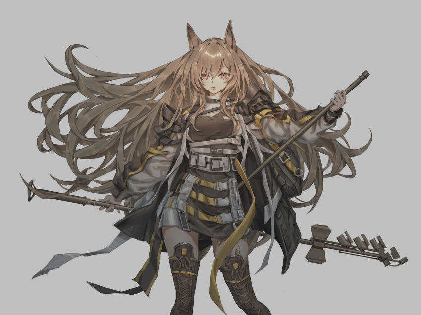 1girl animal_ears arknights boots brown_dress brown_footwear brown_hair ceobe_(arknights) commentary dog_ears dress feet_out_of_frame floating_hair grey_background highres holding holding_staff long_hair looking_at_viewer oripathy_lesion_(arknights) red_eyes simple_background solo staff thigh-highs thigh_boots very_long_hair ysy_(ysy_0219)