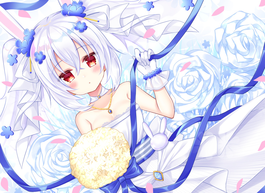 1girl :o animal_ears azur_lane bangs bare_shoulders blue_flower bouquet breasts bride collarbone commentary_request dress eyebrows_visible_through_hair flower gloves hair_between_eyes hair_flower hair_ornament hair_ribbon hand_up highres jewelry laffey_(azur_lane) laffey_(white_rabbit's_oath)_(azur_lane) long_hair looking_at_viewer official_alternate_costume parted_lips pendant rabbit_ears red_eyes ribbon rose shikito small_breasts solo strapless strapless_dress twintails very_long_hair white_dress white_flower white_gloves white_hair white_ribbon white_rose yellow_flower