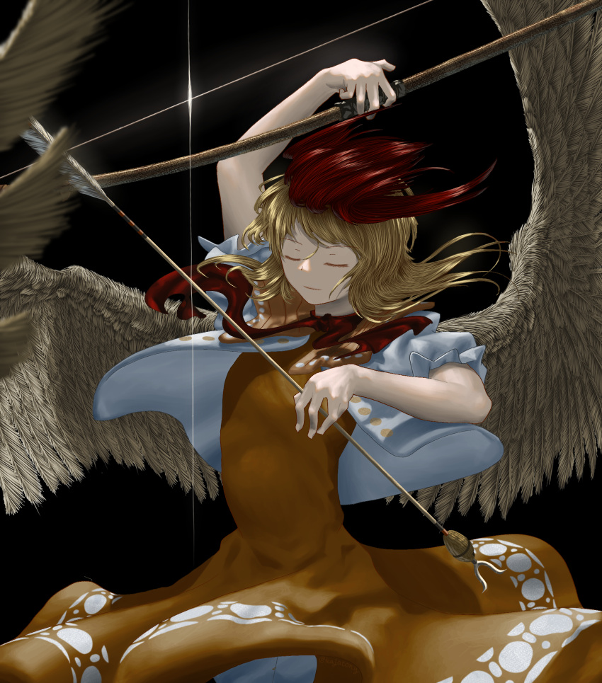 1girl arrow_(projectile) bangs bird_wings black_background blonde_hair bow_(weapon) brown_dress closed_eyes closed_mouth commentary_request cowboy_shot dress feathered_wings highres holding holding_arrow holding_bow_(weapon) holding_weapon kajatony multicolored_hair niwatari_kutaka puffy_short_sleeves puffy_sleeves redhead shirt short_hair short_sleeves simple_background solo touhou two-tone_hair weapon white_shirt wings yellow_wings