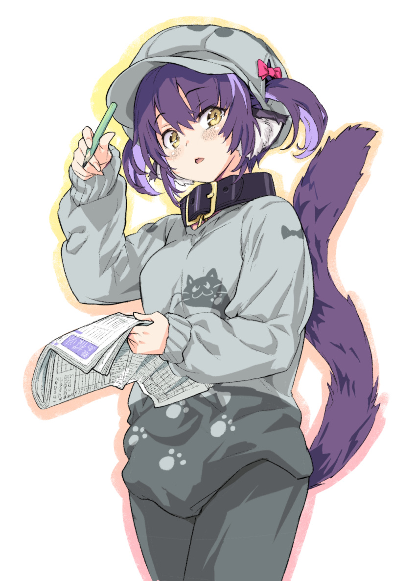 1girl animal_ear_fluff animal_ears bangs black_collar blush breasts cabbie_hat collar eyebrows_visible_through_hair grey_headwear grey_pants grey_shirt hair_between_eyes hair_through_headwear hand_up hat highres holding holding_pen indie_virtual_youtuber kiyama_satoshi kuroike_momimi long_sleeves looking_at_viewer newspaper outline pants parted_lips pen puffy_long_sleeves puffy_sleeves purple_hair shirt sleeves_past_wrists small_breasts solo tail tail_raised twintails virtual_youtuber white_background yellow_eyes