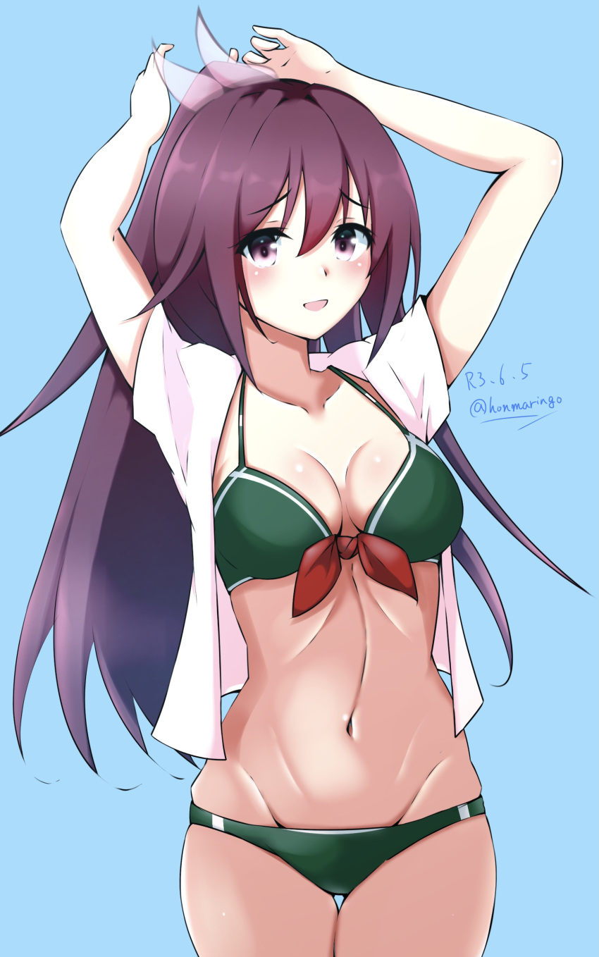 1girl absurdres arms_up blue_background brown_hair cowboy_shot dated dress_shirt green_swimsuit hair_ornament highres honma_(honmatomohiro) kantai_collection kisaragi_(kancolle) long_hair looking_at_viewer navel open_clothes open_shirt ponytail shirt simple_background solo swimsuit thigh_gap twitter_username violet_eyes white_shirt