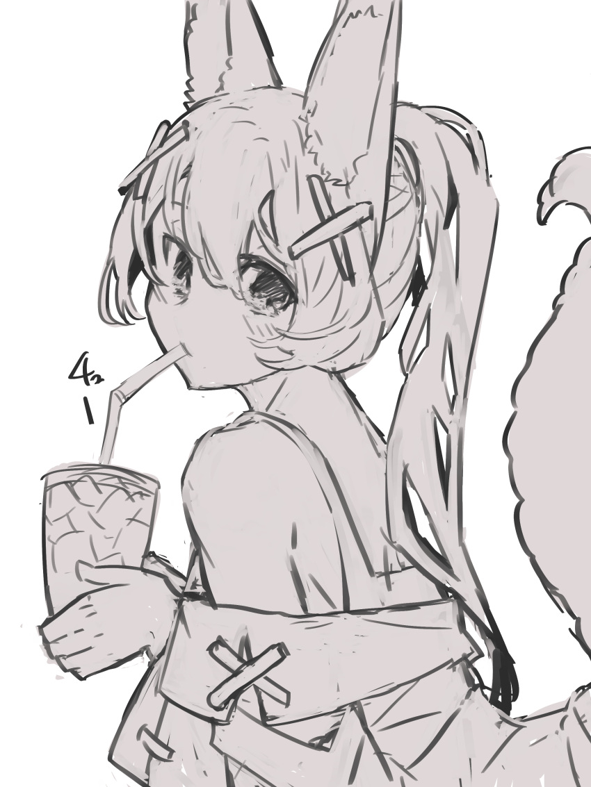 1girl absurdres animal_ear_fluff animal_ears bangs bare_shoulders bendy_straw commentary_request cup disposable_cup drinking_straw eyebrows_behind_hair greyscale hair_between_eyes hair_ornament hairclip highres holding holding_cup long_hair long_sleeves monochrome off_shoulder original ponytail sailor_collar shirt simple_background sleeveless sleeveless_shirt solo tail_raised upper_body very_long_hair white_background x_hair_ornament yuuji_(yukimimi)