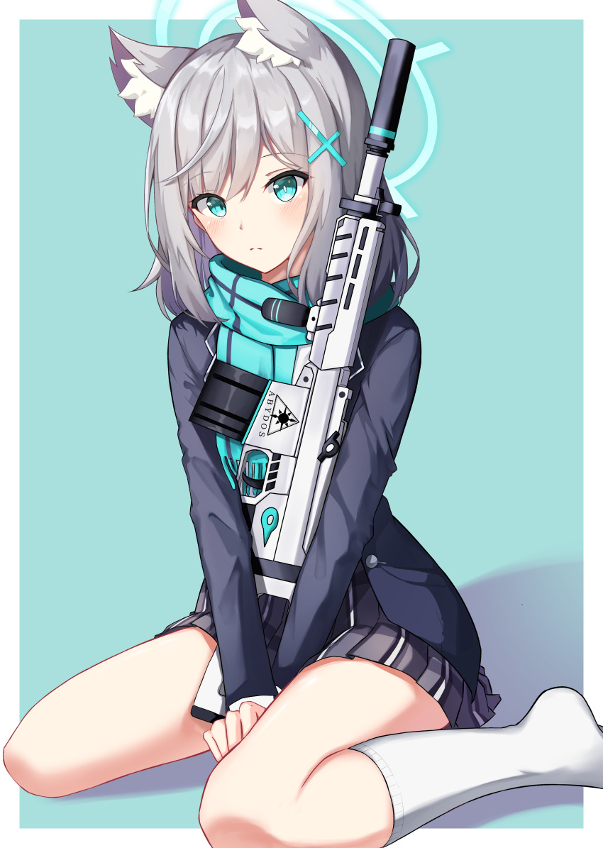 1girl absurdres animal_ear_fluff animal_ears aqua_eyes aqua_scarf arms_between_legs assault_rifle bangs blue_archive blush closed_mouth coma_(light825) eyebrows_visible_through_hair green_hair gun hair_ornament hairclip halo highres kneehighs kneeling long_sleeves looking_at_viewer medium_hair miniskirt pleated_skirt rifle scarf school_uniform shadow shiroko_(blue_archive) sig_sauer sig_sauer_556 sitting skirt socks solo striped striped_skirt thighs wariza weapon white_legwear