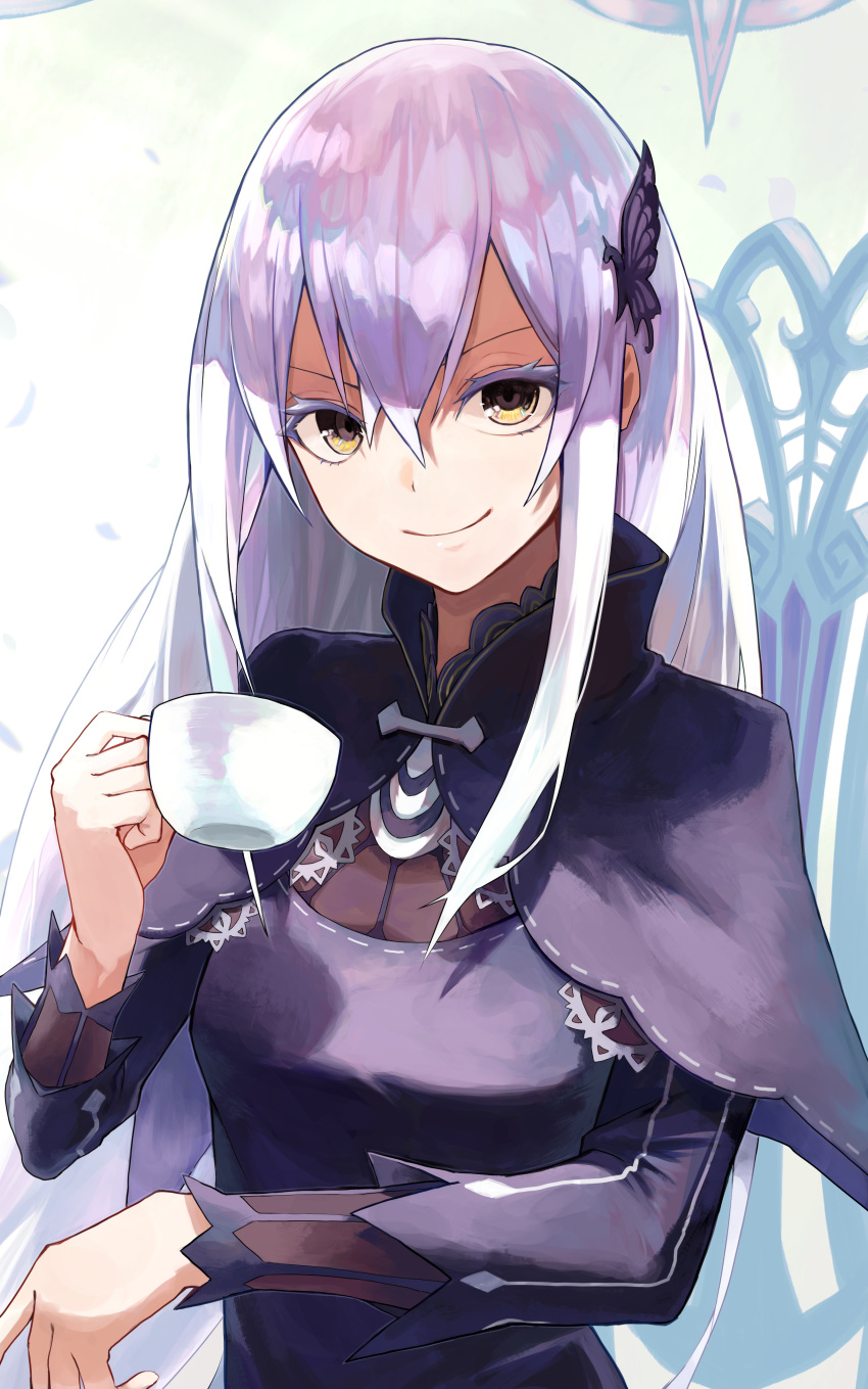 1girl absurdres bangs black_capelet black_dress capelet chair closed_mouth cup dress echidna_(re:zero) hair_between_eyes hair_ornament hands_up highres holding holding_cup kyara-suro long_hair long_sleeves looking_at_viewer multicolored multicolored_eyes re:zero_kara_hajimeru_isekai_seikatsu sidelocks silver_hair sitting smile solo upper_body