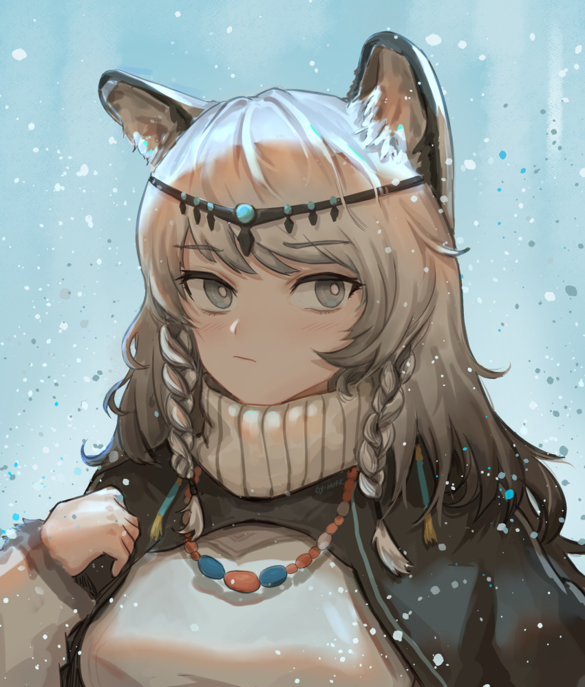 1girl animal_ear_fluff animal_ears arknights bead_necklace beads black_eyes blue_background blush braid breasts earrings hair_between_eyes highres infection_monitor_(arknights) jewelry kjerag_logo leopard_ears long_hair medium_breasts necklace pramanix_(arknights) ribbed_sweater saliva side_braids silver_hair snowing solo sweater tassel tassel_earrings twin_braids upper_body white_sweater zhengyi_de_laoban_er