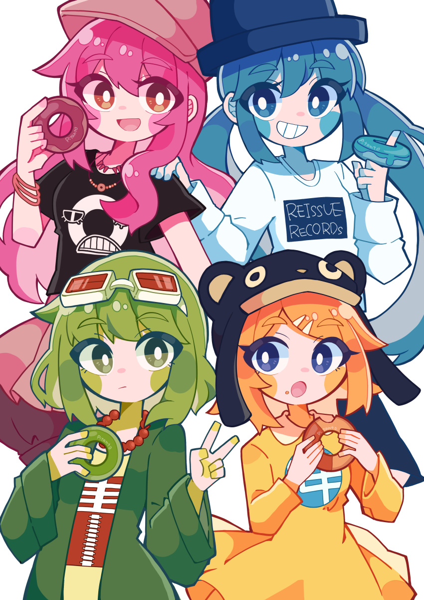 4girls absurdres animal_ears artist_name bangs beanie black_shirt blonde_hair blue_eyes blue_hair blue_headwear blush_stickers bone_print bracelet brown_headwear cabbie_hat circle clenched_teeth closed_mouth collared_dress colorful donut_hole_(vocaloid) doughnut dress expressionless eyebrows_visible_through_hair eyelashes facing_viewer fake_animal_ears flat_chest food food_on_face goggles goggles_on_head green_eyes green_hair green_jacket grin gumi hair_between_eyes hair_ornament hairclip hand_on_another's_shoulder hand_up hands_up happy hat hatsune_miku highres holding holding_food index_finger_raised jacket jewelry kagamine_rin long_hair long_sleeves looking_at_another looking_at_viewer looking_to_the_side megurine_luka multiple_girls necklace open_mouth orange_eyes pink_hair pitanto shiny shiny_hair shirt short_dress short_hair side-by-side simple_background smile teeth thick_eyebrows top_hat twintails upper_body v vocaloid wavy_hair white_background white_dress wide_sleeves yellow_shirt