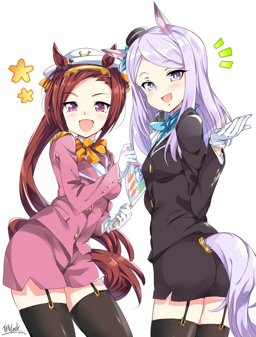 2girls animal_ears bangs blazer bow bowtie brown_hair commentary_request ear_ribbon flower_in_eye garter_straps gloves highres horse_ears horse_girl horse_tail jacket kugimiya_atsuki long_hair looking_at_viewer mejiro_mcqueen_(umamusume) miniskirt multiple_girls open_mouth pencil_skirt purple_hair sakura_bakushin_o_(umamusume) skirt swept_bangs symbol_in_eye tail thigh-highs tour_guide umamusume very_long_hair violet_eyes white_background white_gloves