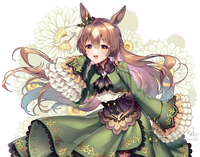 1girl animal_ears artist_name brown_hair commentary_request dress flower frilled_dress frills hair_between_eyes hair_ornament highres horse_ears horse_girl long_sleeves looking_at_viewer open_mouth satono_diamond simple_background sleeves_past_wrists solo umamusume white_background yellow_eyes yukimichi_(nieko)