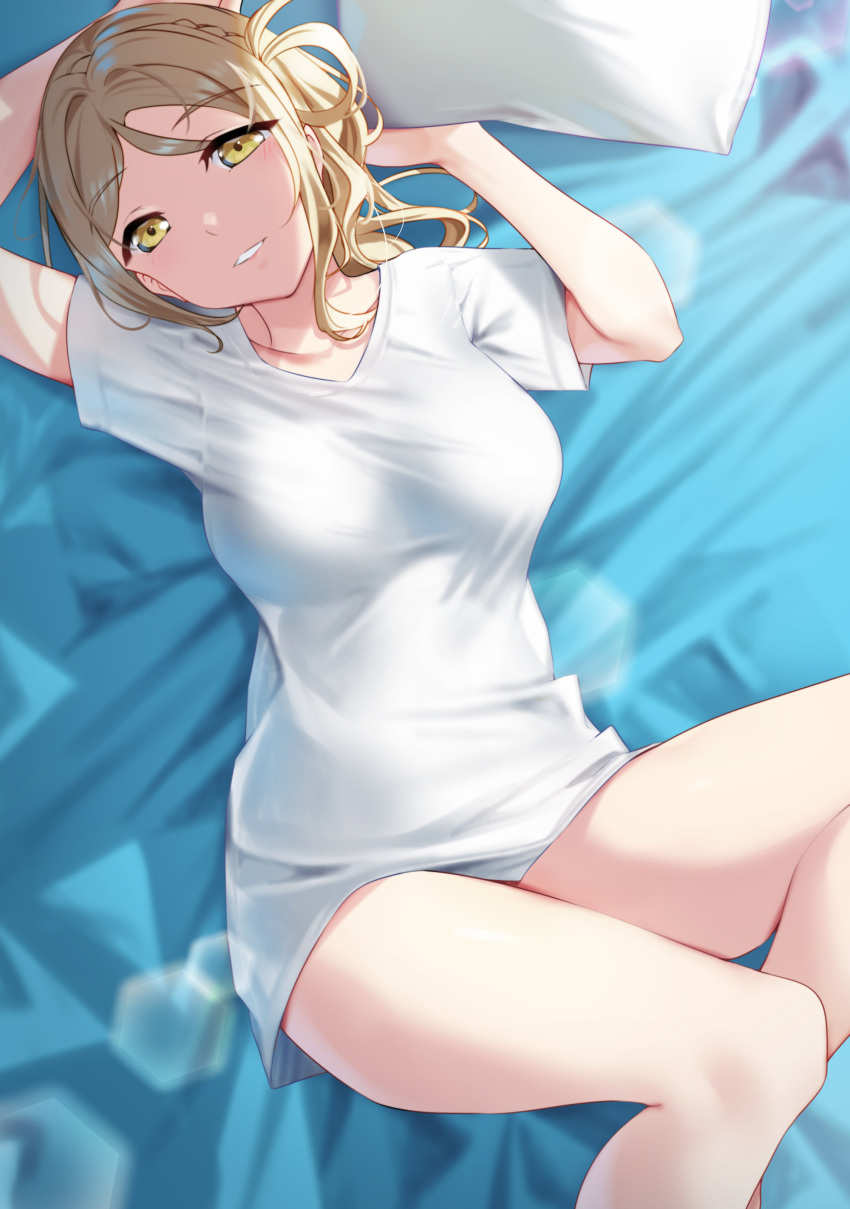 1girl absurdres bare_legs bed_sheet blonde_hair blush breasts commentary_request feet_out_of_frame grin hair_rings highres lens_flare looking_at_viewer love_live! love_live!_sunshine!! lying medium_breasts no_pants ohara_mari on_back on_bed parted_lips pillow shirt short_hair short_sleeves smile solo white_shirt yamaori_(yamaorimon) yellow_eyes