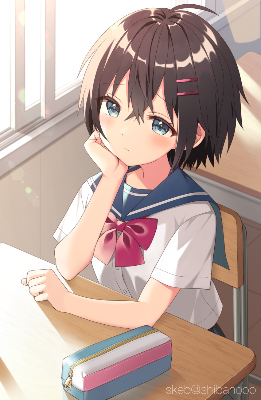 1girl ahoge backlighting bangs black_hair blue_eyes blue_sailor_collar blurry blurry_background blush chair closed_mouth commentary_request depth_of_field desk eyebrows_visible_through_hair hair_between_eyes hair_ornament hairclip hand_up highres indoors on_chair open_window original pencil_case sailor_collar school_chair school_desk school_uniform serafuku shirt short_hair short_sleeves sitting solo uramakaron white_shirt window