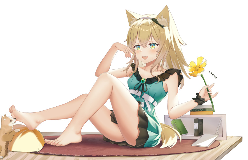 1girl animal_ears arknights armpits bare_arms bare_legs barefoot blonde_hair dog_ears dog_girl dog_tail dress feet flower full_body green_dress hair_ornament hairclip highres luoloo official_alternate_costume open_mouth podenco_(arknights) podenco_(wake_up_from_a_nap)_(arknights) short_hair sitting skirt soles tail toes wristband