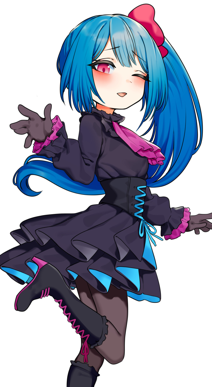 1girl absurdres black_dress black_footwear black_gloves blue_hair boots commission copyright_request dress frilled_dress frills gloves highres leg_up long_hair long_sleeves one_eye_closed open_mouth pantyhose red_eyes shadow side_ponytail simple_background skeb_commission smile solo st_(youx1119) white_background