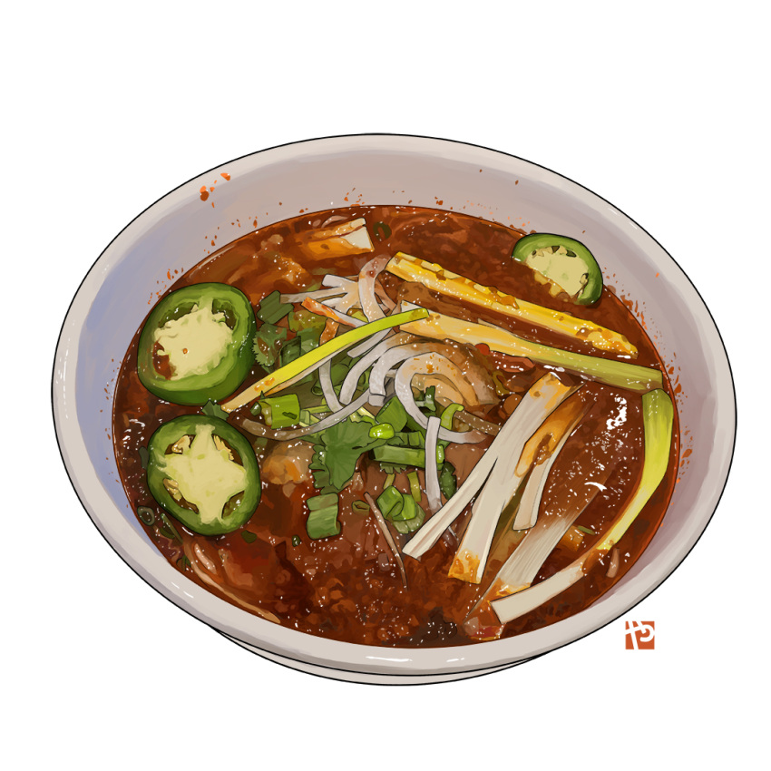 bowl chili english_commentary food food_focus no_humans original realistic simple_background soup spring_onion still_life studiolg symbol_commentary vegetable white_background