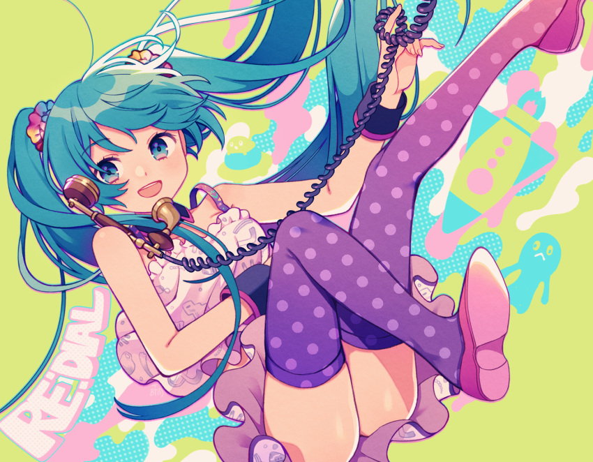 1girl abstract_background ass bangs bare_arms bare_shoulders black_wrist_cuffs commentary_request corded_phone edward-el english_text frilled_skirt frills full_body green_background green_eyes green_hair hatsune_miku highres long_hair looking_at_viewer open_mouth patterned_clothing phone pink_footwear polka_dot polka_dot_legwear purple_legwear shirt shoes sidelocks skirt smile solo spaghetti_strap thigh-highs twintails vocaloid white_shirt white_skirt wrist_cuffs