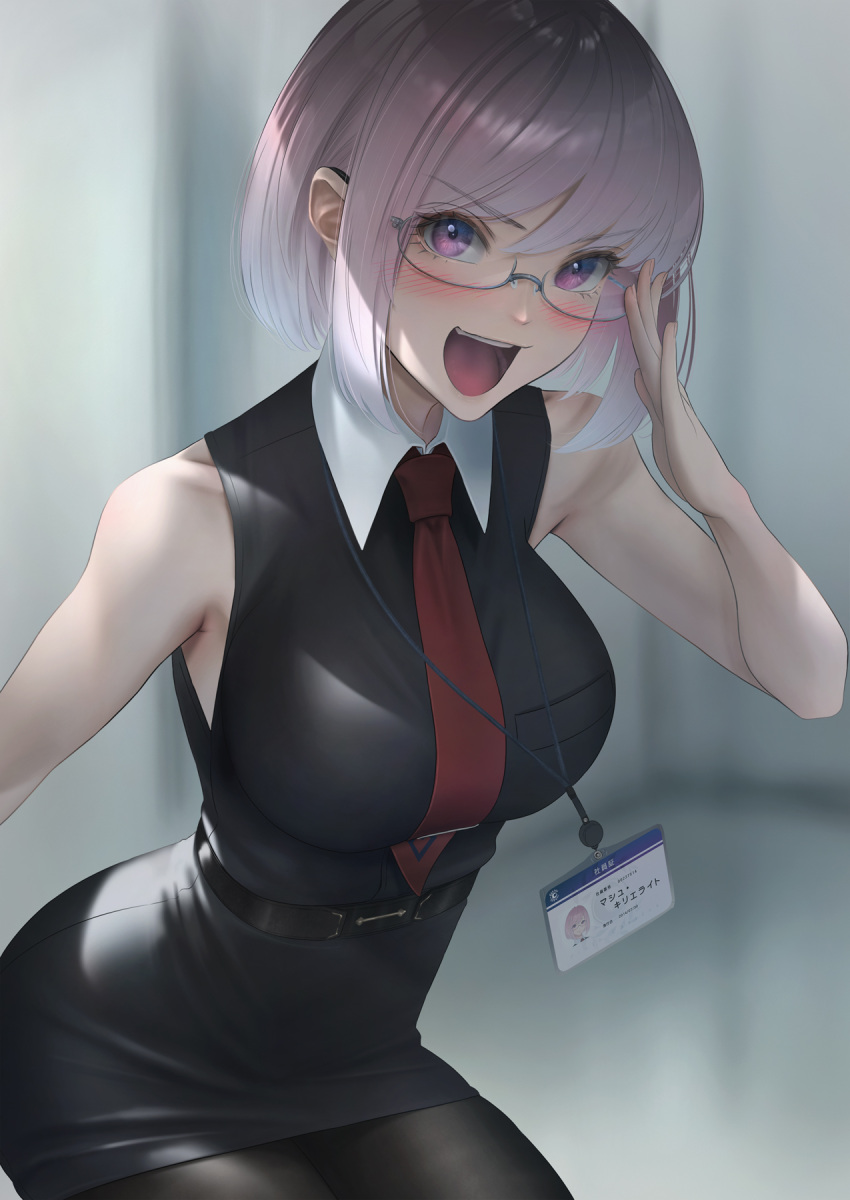 1girl bangs bare_shoulders black_dress black_legwear blush breasts dress fate/grand_order fate_(series) glasses hair_over_one_eye highres imizu_(nitro_unknown) large_breasts light_purple_hair looking_at_viewer mash_kyrielight necktie open_mouth pantyhose short_hair smile solo thighs violet_eyes