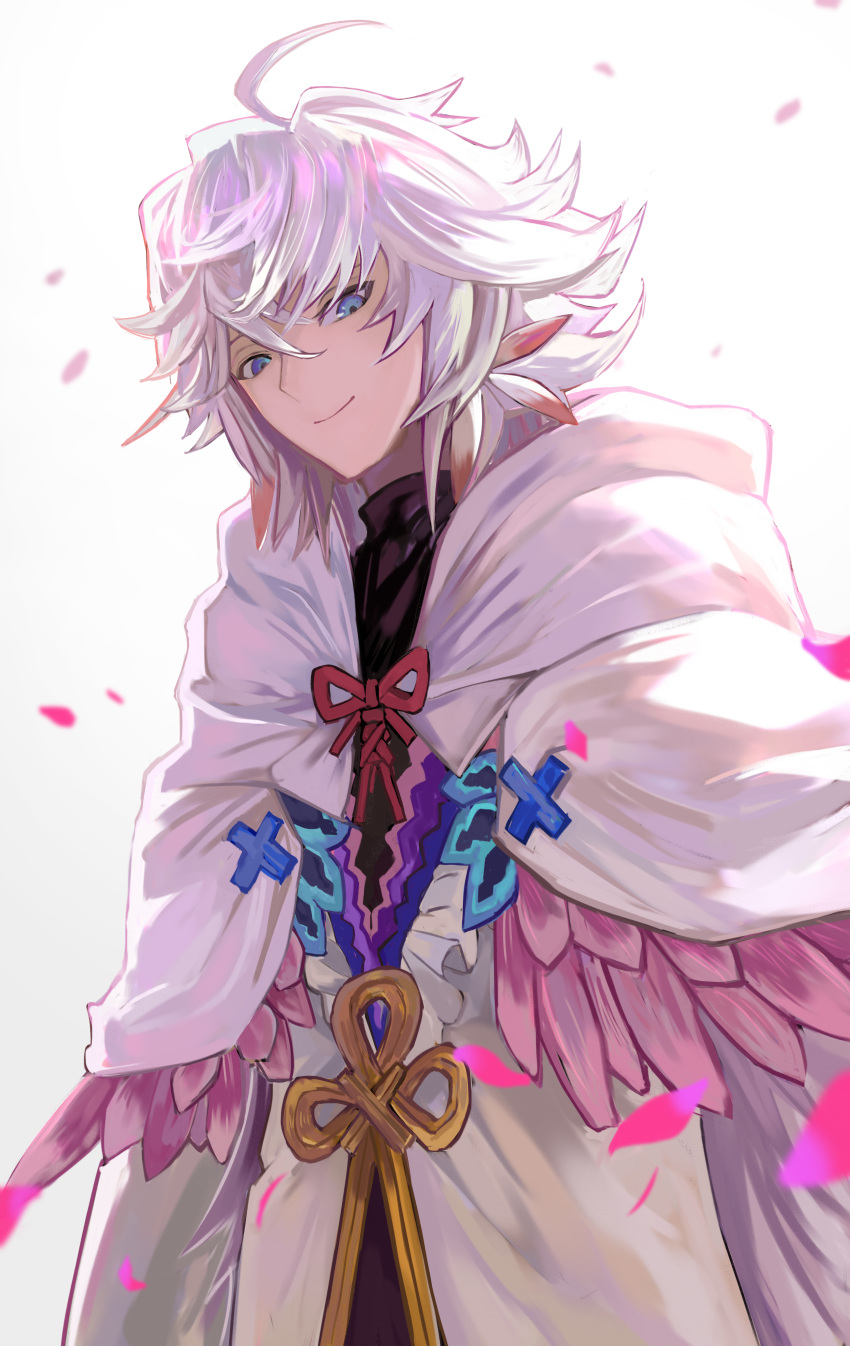 1boy absurdres ahoge bangs blue_eyes blurry blurry_foreground bow bowtie closed_mouth coat fate/grand_order fate_(series) feathers flower frills hair_between_eyes hair_flower hair_ornament highres kyara-suro long_hair looking_at_viewer male_focus merlin_(fate) messy_hair petals sidelocks smile solo standing upper_body white_background white_coat white_hair