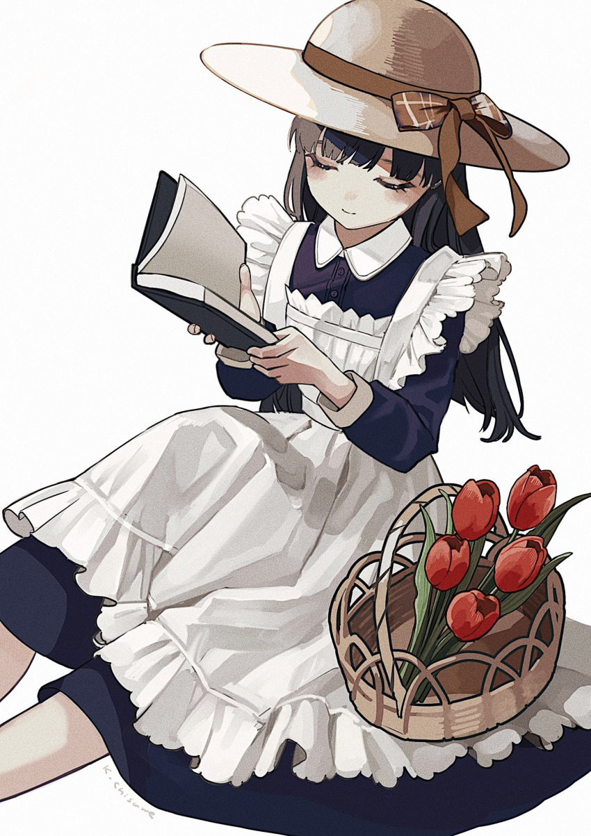 1girl apron bangs basket black_dress black_hair blush book bow brown_bow brown_headwear closed_eyes closed_mouth collared_dress commentary dress eyebrows_behind_hair flower frilled_apron frills hat hat_bow highres holding holding_book kashiwagi_chisame long_hair long_sleeves maid open_book original red_flower signature simple_background sitting smile solo sun_hat tulip very_long_hair white_apron white_background