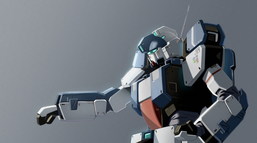 blue_eyes clenched_hands grey_background gundam highres looking_ahead mecha mobile_suit no_humans original radio_antenna science_fiction solo takahashi_masaki upper_body visor