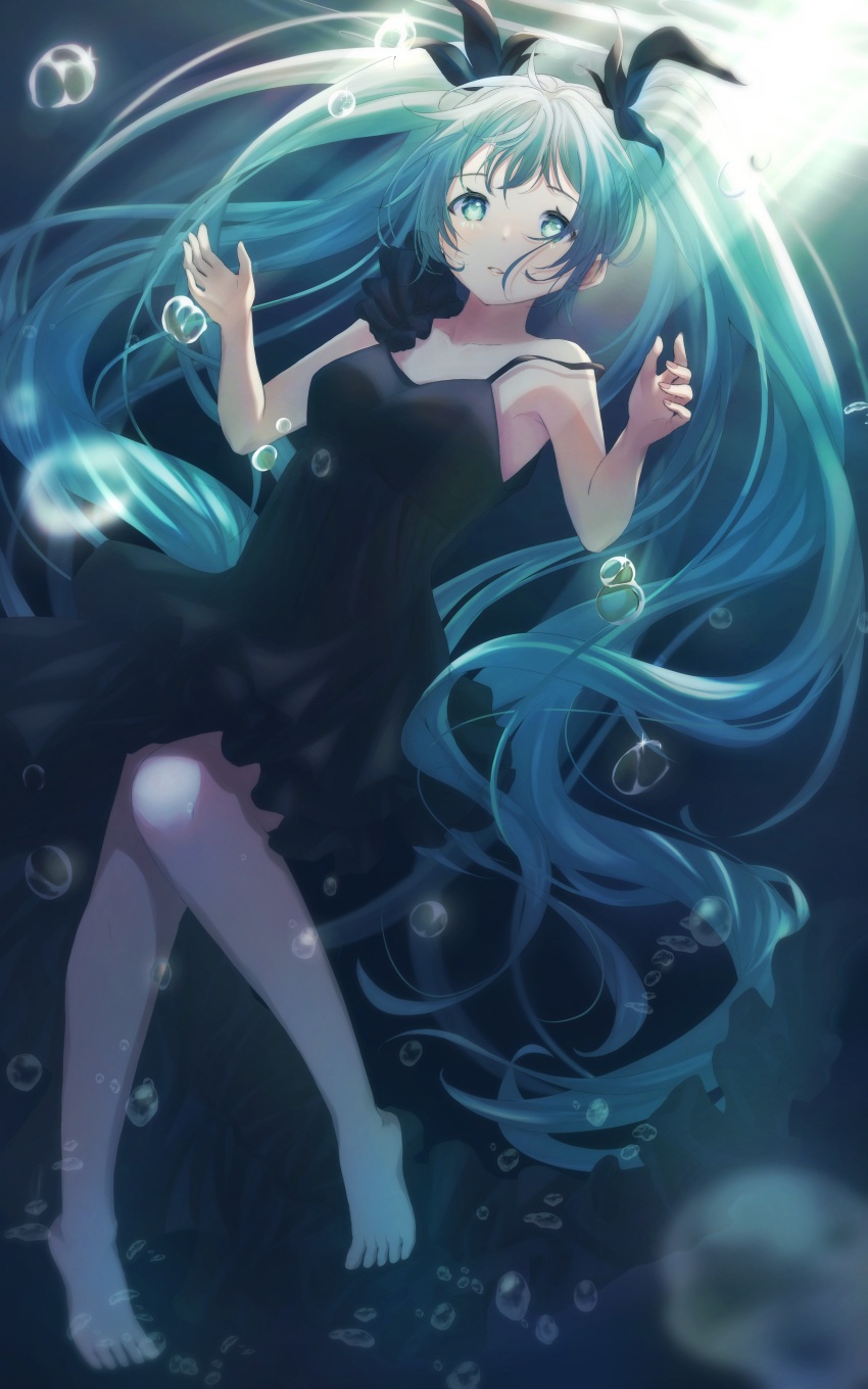 1girl absurdres barefoot black_bow black_dress blue_eyes blue_hair bow bubble collarbone dress floating_hair full_body hair_bow hatsune_miku highres long_hair looking_at_viewer parted_lips potate shinkai_shoujo_(vocaloid) shiny shiny_hair sleeveless sleeveless_dress solo twintails underwater very_long_hair vocaloid
