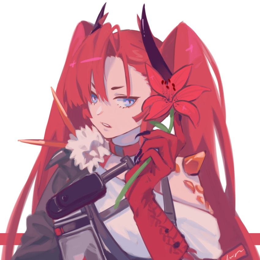 1girl arknights bangs bare_shoulders blue_eyes chinese_commentary choker commentary_request flower fur_trim hair_between_eyes hand_up highres holding holding_flower horns long_hair looking_at_viewer off_shoulder oripathy_lesion_(arknights) parted_lips red_choker red_flower redhead shirt simple_background solo toddifons_(arknights) towne twintails upper_body white_background white_shirt