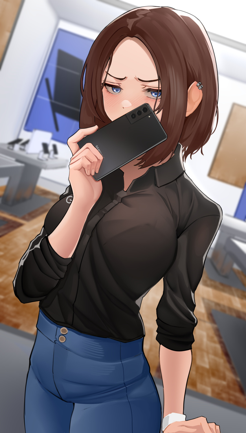 1girl absurdres black_shirt blue_eyes blue_pants blurry blurry_background blush bracelet breasts brown_hair cellphone covering_mouth harris_hero highres holding holding_phone indoors jewelry looking_at_viewer mole mole_under_eye nose_blush pants phone samsung samsung_sam selfie shirt shop smartphone solo standing