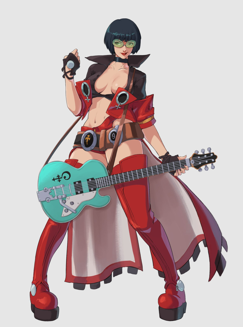 1girl belt black_hair boots choker electric_guitar fingerless_gloves gloves guilty_gear guilty_gear_strive guitar highres i-no instrument jacket midriff mortificent red_jacket red_legwear short_hair showgirl_skirt sunglasses thigh-highs thigh_boots venus_symbol very_short_hair zettai_ryouiki