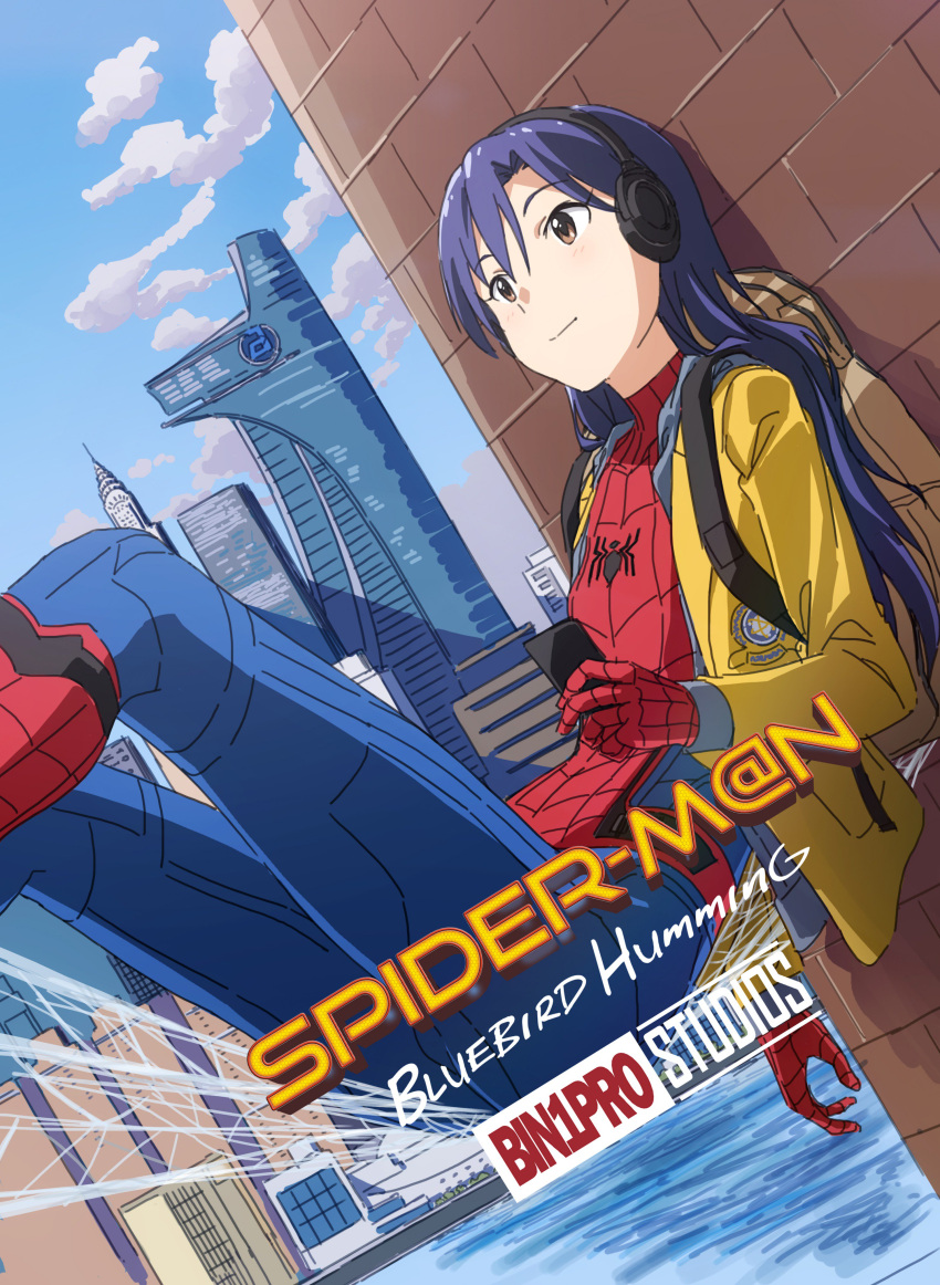 1girl absurdres against_wall avengers_tower backpack bag bangs bin1production blue_hair blue_sky brick_wall brown_eyes building chrysler_building closed_mouth clouds cloudy_sky cosplay costume day dutch_angle headphones highres holding idolmaster idolmaster_(classic) jacket kisaragi_chihaya logo_parody long_hair marvel new_york open_clothes open_jacket outdoors shadow silk sitting sky skyscraper smile solo spider-man spider-man:_homecoming spider-man_(cosplay) spider-man_(series) spider_web taku1122 wall