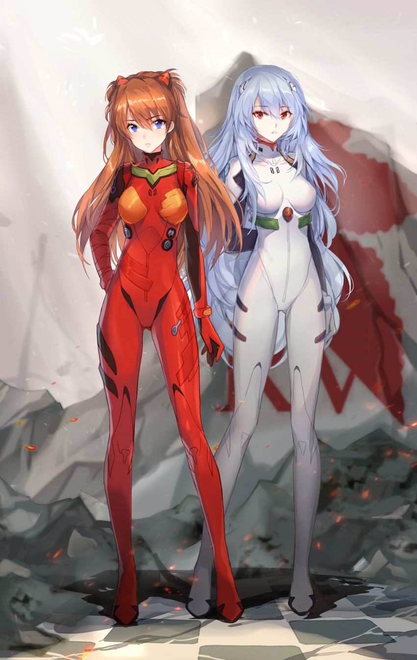 2girls absurdres ayanami_rei blue_eyes bodysuit breasts evangelion:_3.0+1.0_thrice_upon_a_time full_body gekka_nanako hairpods highres interface_headset long_hair medium_breasts multiple_girls neon_genesis_evangelion orange_hair pilot_suit plugsuit rebuild_of_evangelion red_bodysuit red_eyes souryuu_asuka_langley standing very_long_hair