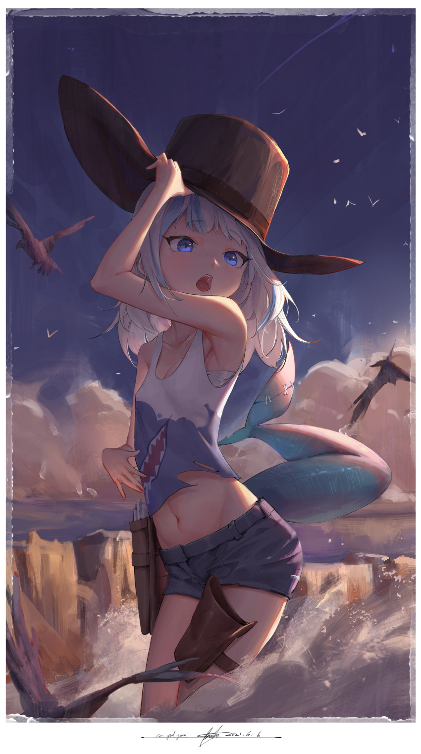 1girl absurdres bangs bingwei_huang blue_eyes blue_hair cowboy_hat fish_tail gawr_gura hat highres hololive hololive_english looking_at_viewer multicolored_hair open_mouth shark_tail sharp_teeth silver_hair solo streaked_hair tail teeth virtual_youtuber waves