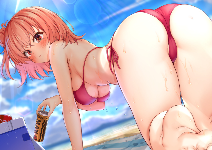 1girl all_fours ass bangs bare_arms barefoot beach bikini blue_sky blush breasts can clouds commentary cooler crossed_bangs day eyebrows_visible_through_hair feet from_behind hair_bun hanging_breasts highres holding holding_can horizon lens_flare looking_at_viewer medium_breasts medium_hair meri-san ocean orange_hair outdoors pout red_bikini red_eyes side-tie_bikini sky soles solo sunlight swimsuit thighs under_boob wet yahari_ore_no_seishun_lovecome_wa_machigatteiru. yuigahama_yui
