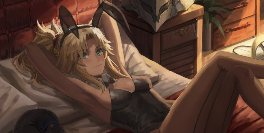 1girl animal_ears armpits arms_behind_head arms_up bangs bare_shoulders black_leotard blonde_eyebrows blonde_hair bra braid breasts brown_legwear cat collarbone covered_navel detached_collar fake_animal_ears fate/apocrypha fate_(series) female_only french_braid green_eyes hair_ornament hair_scrunchie highres leotard long_hair looking_at_viewer lying mordred_(fate) mordred_(fate)_(all) no_bra on_back pantyhose parted_bangs playboy_bunny ponytail rabbit_ears scrunchie sidelocks small_breasts smile thighs tonee underwear