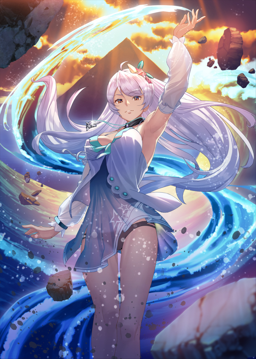 1girl armpits bare_shoulders bikini bikini_bottom breasts clouds cloudy_sky highres honkai_(series) honkai_impact_3rd kiana_kaslana kiana_kaslana_(herrscher_of_the_void) legs long_hair looking_at_viewer pyramid sky solo summer_uniform sunset swimsuit tometoku water white_hair yellow_eyes