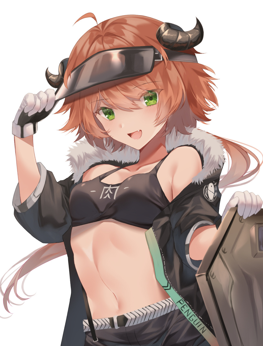 1girl ahoge amesaki_vanilla arknights bangs black_jacket black_shorts breasts collarbone cow_horns croissant_(arknights) crop_top eyebrows_visible_through_hair fur-trimmed_jacket fur_collar fur_trim gloves green_eyes highres horns jacket long_sleeves looking_at_viewer midriff navel open_clothes open_jacket open_mouth orange_hair penguin_logistics_logo shield short_hair shorts simple_background small_breasts smile solo upper_body visor_cap white_background white_gloves
