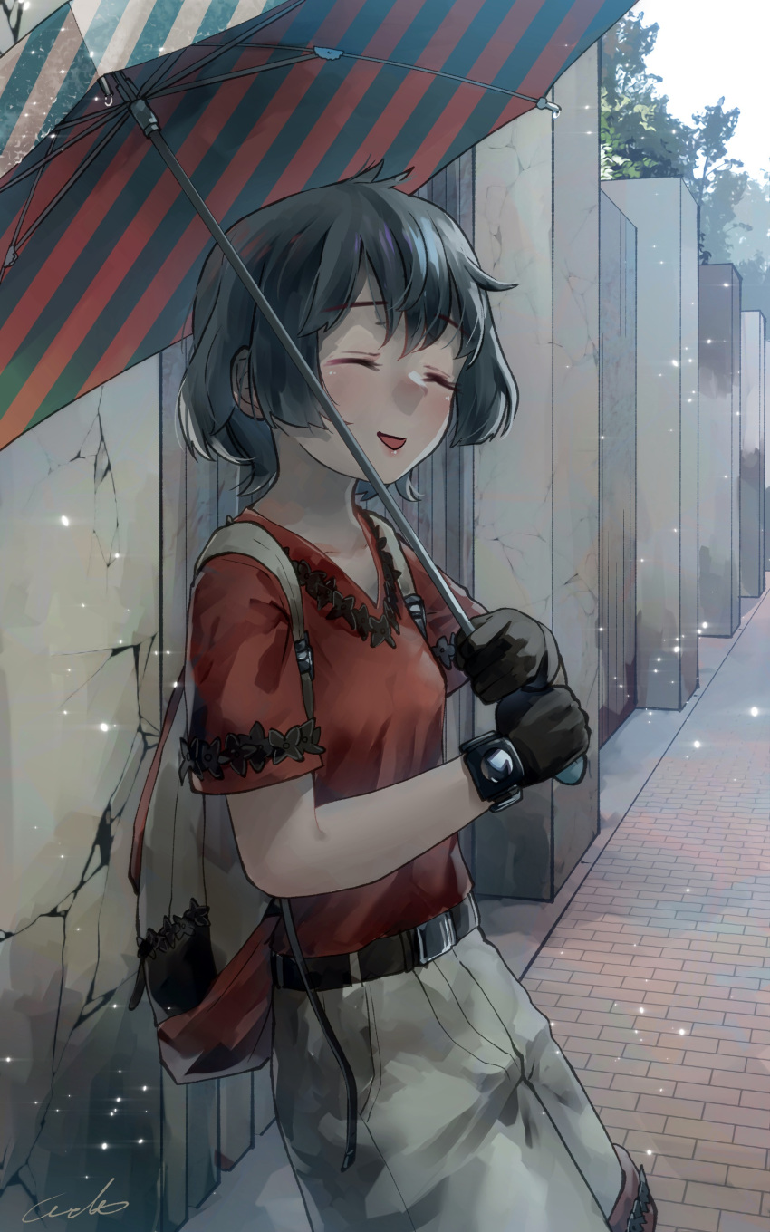 1girl :d ^_^ absurdres adapted_costume backpack bag belt black_gloves black_hair closed_eyes commentary cracked_wall day eyebrows_visible_through_hair facing_viewer gloves highres kaban_(kemono_friends) kemono_friends leaning no_hat no_headwear open_mouth outdoors rain red_shirt shirt short_hair short_sleeves shorts signature smile solo striped_umbrella t-shirt umbrella watch watch water_drop welt_(kinsei_koutenkyoku) white_shorts