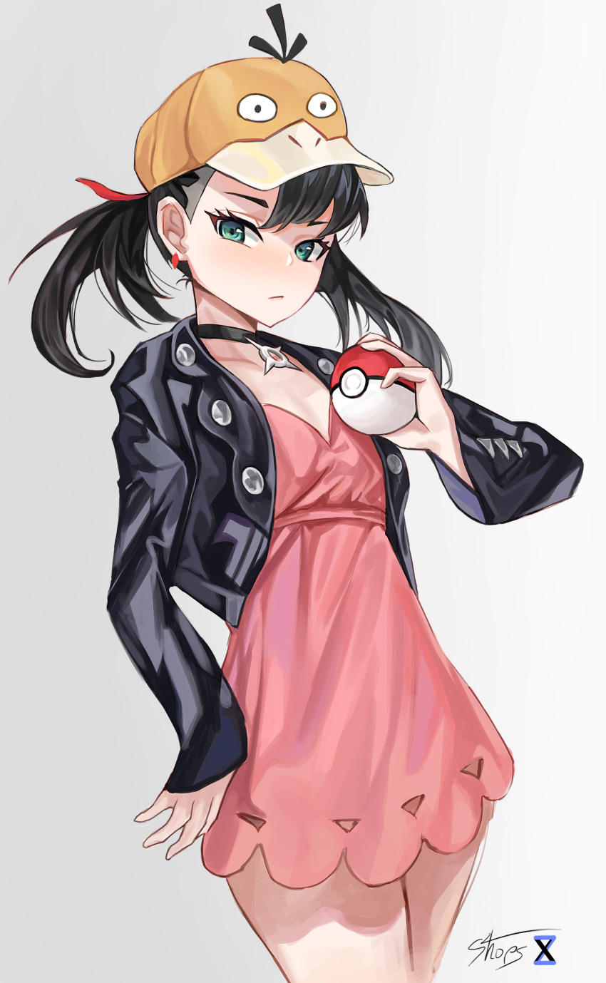 1girl absurdres black_choker black_jacket blush brown_headwear choker closed_mouth collarbone dress earrings gen_1_pokemon gradient gradient_background green_eyes hat highres holding holding_poke_ball jacket jewelry lan_xiezi long_hair marnie_(pokemon) pink_dress poke_ball poke_ball_(basic) pokemon psyduck signature single_earring sleeves_past_wrists solo twintails twintails_day