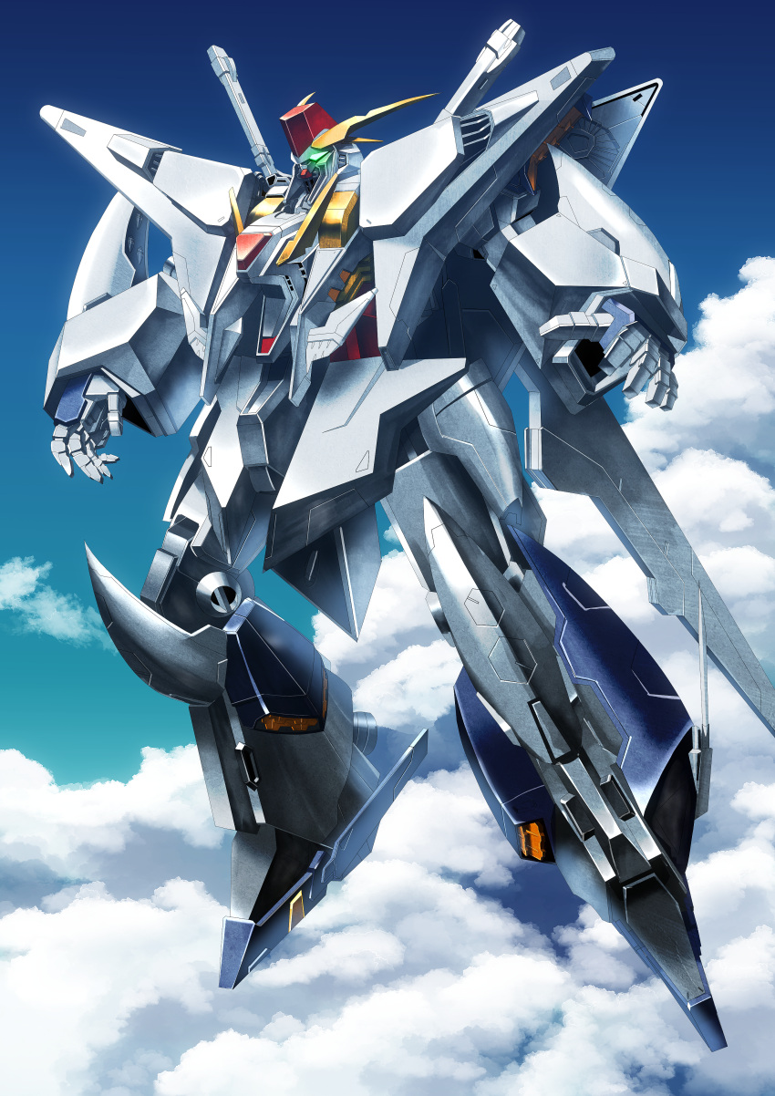 absurdres airborne clouds cloudy_sky commentary full_body glowing glowing_eyes green_eyes gundam gundam_hathaway's_flash highres huge_filesize mecha mobile_suit moyashi_(karamisouma) no_humans open_hands science_fiction sky solo v-fin xi_gundam