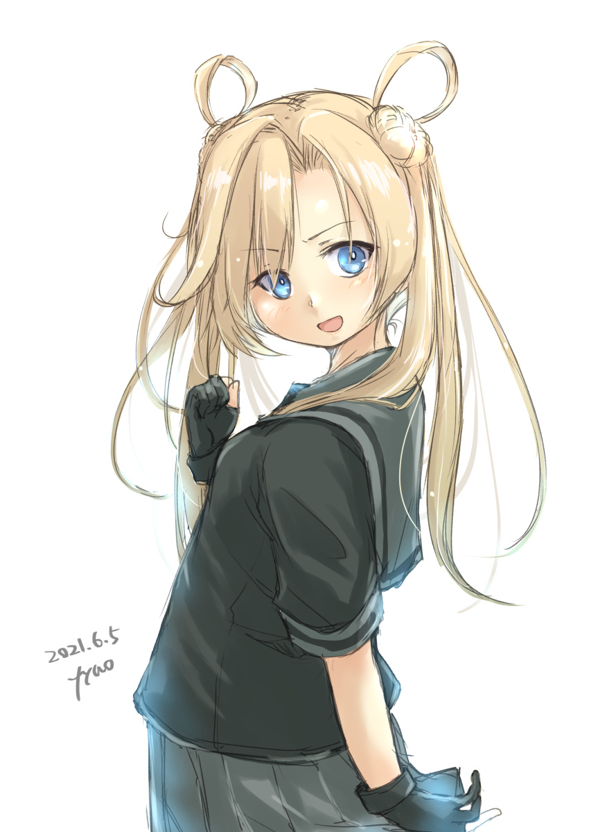 1girl absurdres abukuma_(kancolle) artist_name bangs black_gloves black_jacket blonde_hair blue_eyes commentary_request dated double_bun from_behind fyuo gloves grey_sailor_collar grey_skirt hair_between_eyes hair_rings highres jacket kantai_collection long_hair looking_at_viewer looking_back one-hour_drawing_challenge partially_fingerless_gloves pleated_skirt remodel_(kantai_collection) sailor_collar school_uniform serafuku short_sleeves simple_background skirt solo white_background